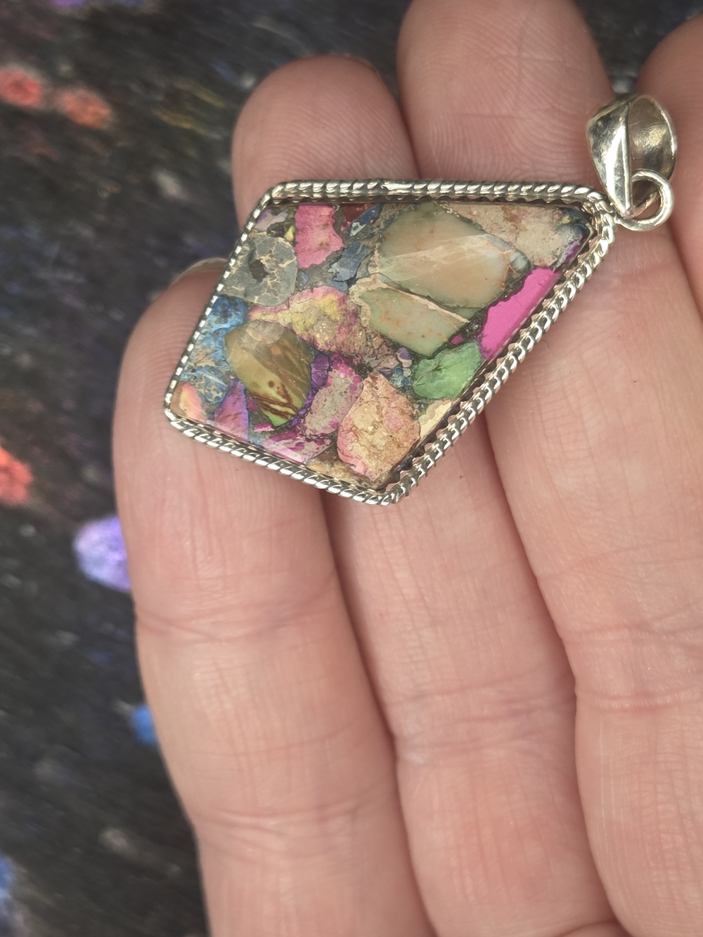 Multicolor Mosaic Stone Pendant in Silver Frame - Women Jewelry
